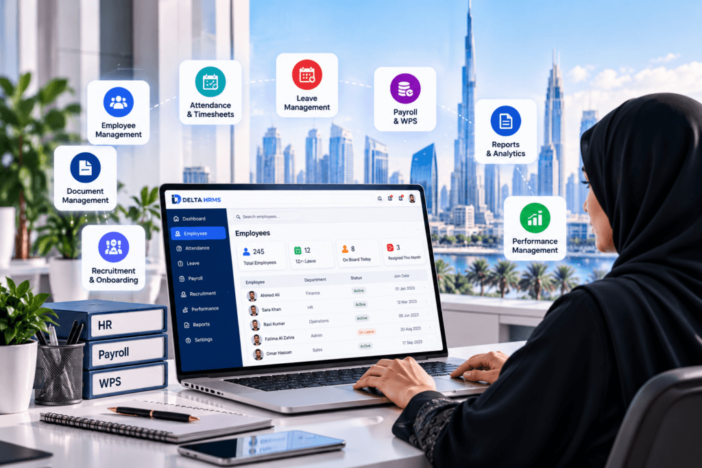 Delta HRMS employee, attendance, leave, payroll and document modules on a laptop in Dubai