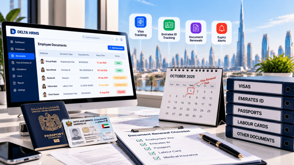 Delta HRMS document tracking dashboard for visa, Emirates ID, passport and labour card expiry in Dubai