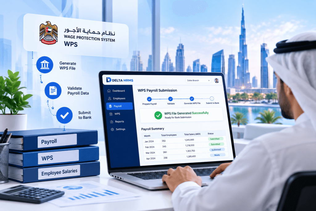 Delta HRMS WPS payroll software generating and validating a WPS file for Dubai businesses