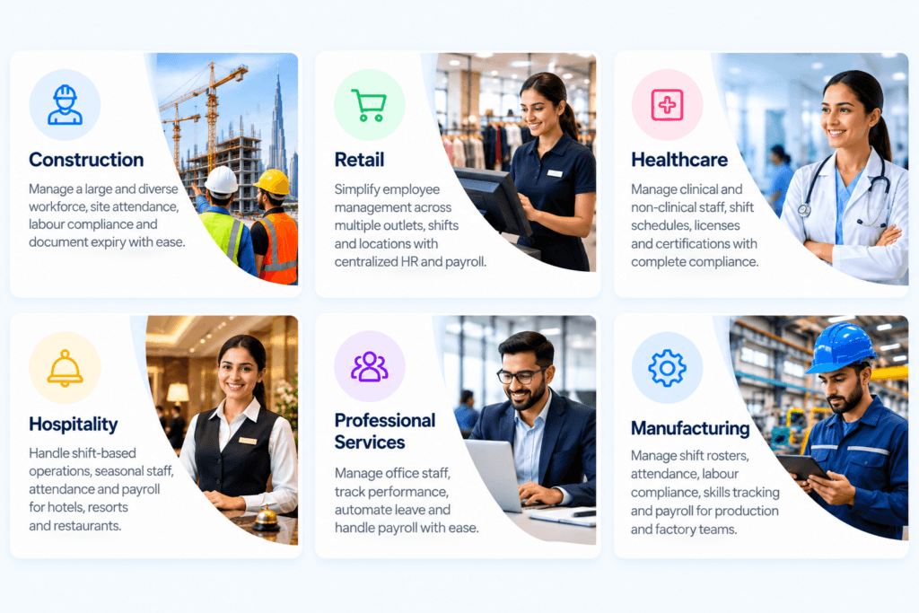 HR software for Dubai businesses across construction, retail, healthcare, hospitality, professional services and manufacturing