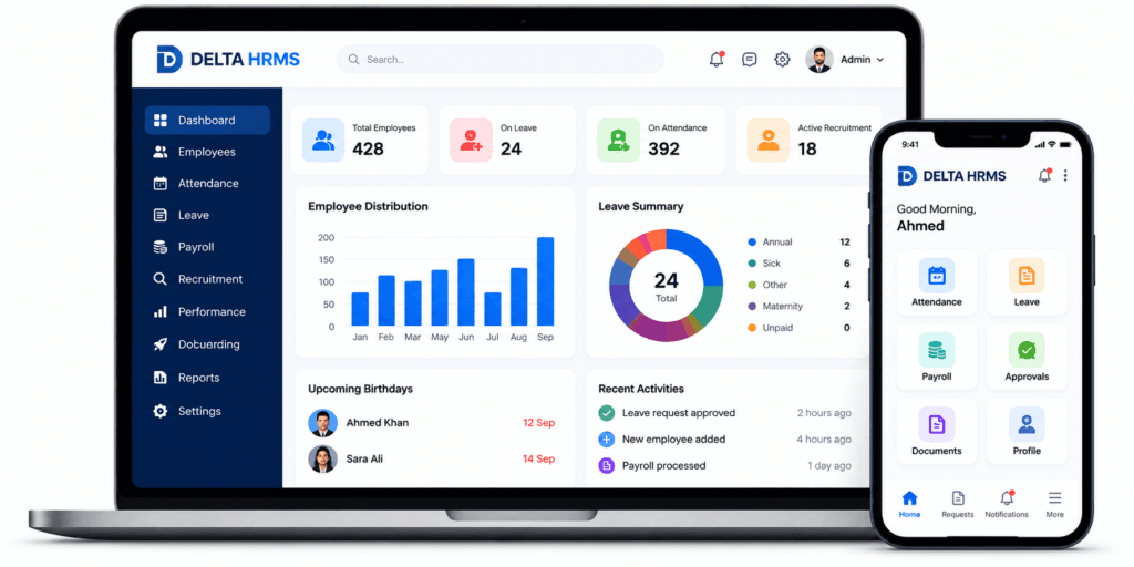 Delta HRMS dashboard on laptop and mobile app showing employee, leave and payroll data