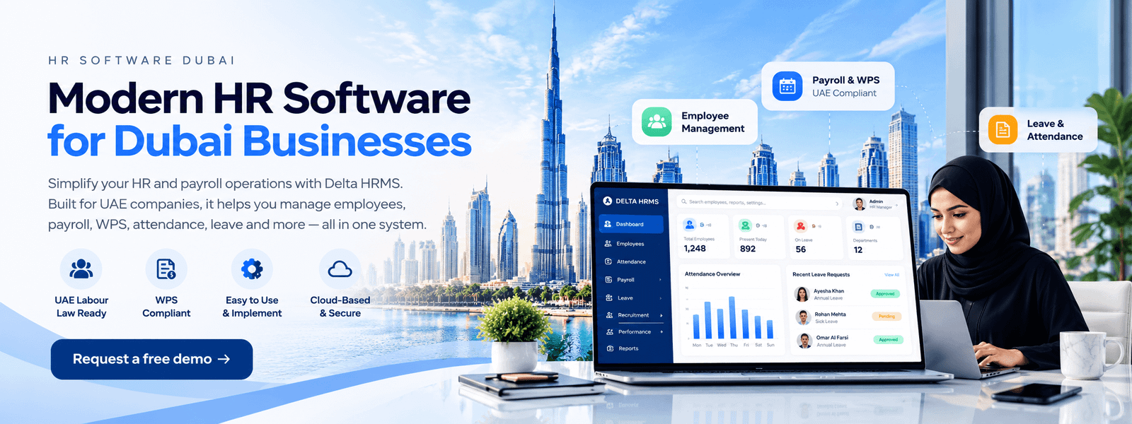 Dubai HR software dashboard for employee management, payroll and attendance
