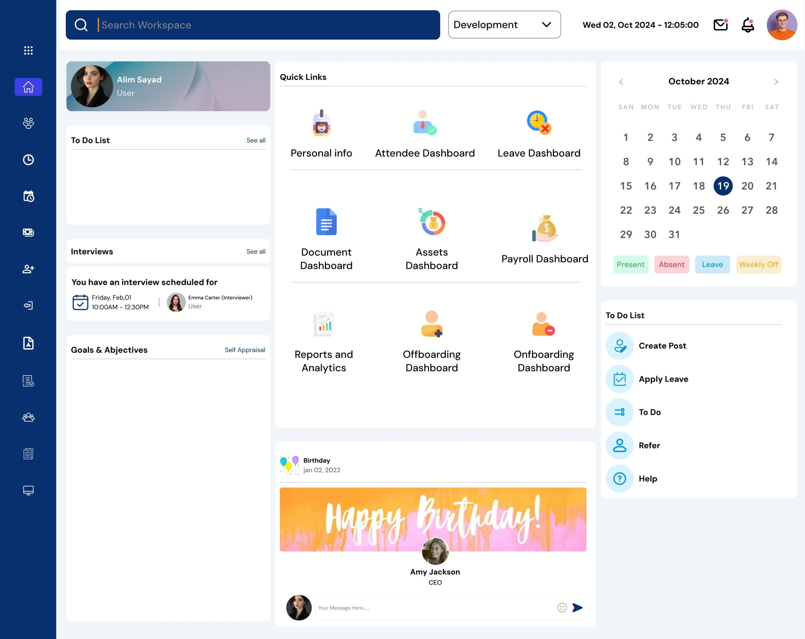 Delta HRMS employee dashboard showing quick links, leave, attendance, payroll and to-do list